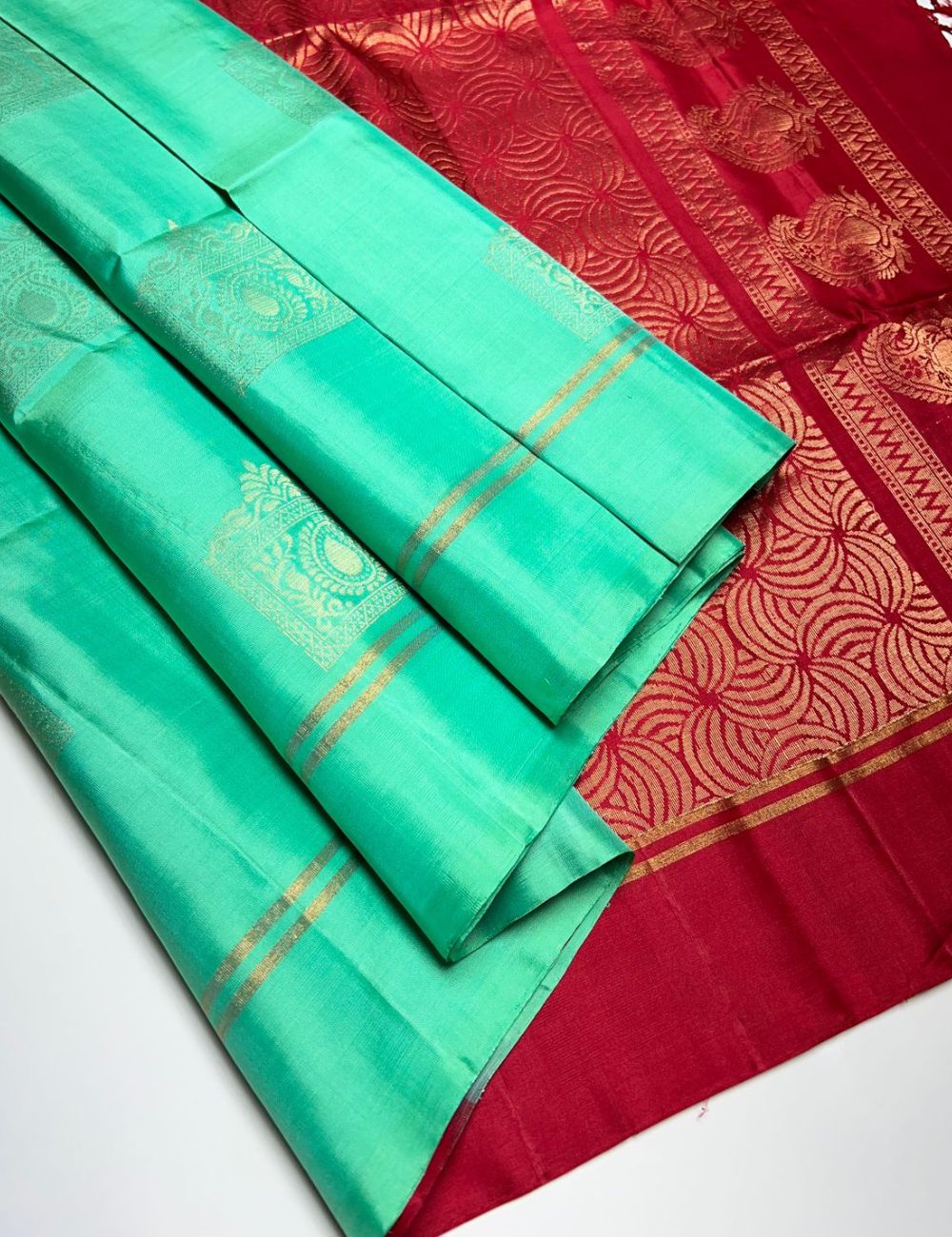 Aqua & Red - Soft Silk Saree