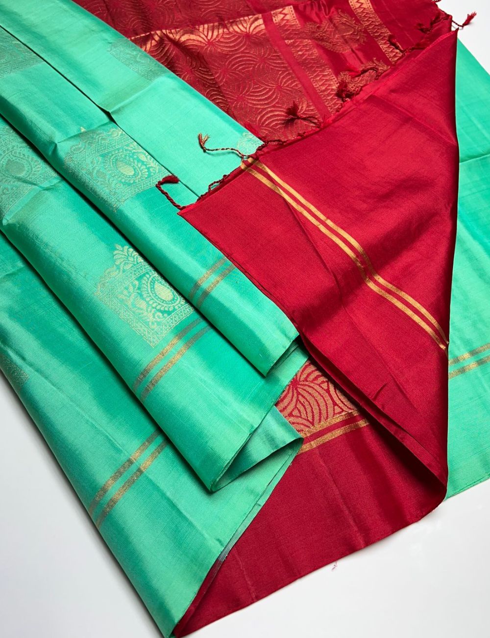 Aqua & Red - Soft Silk Saree