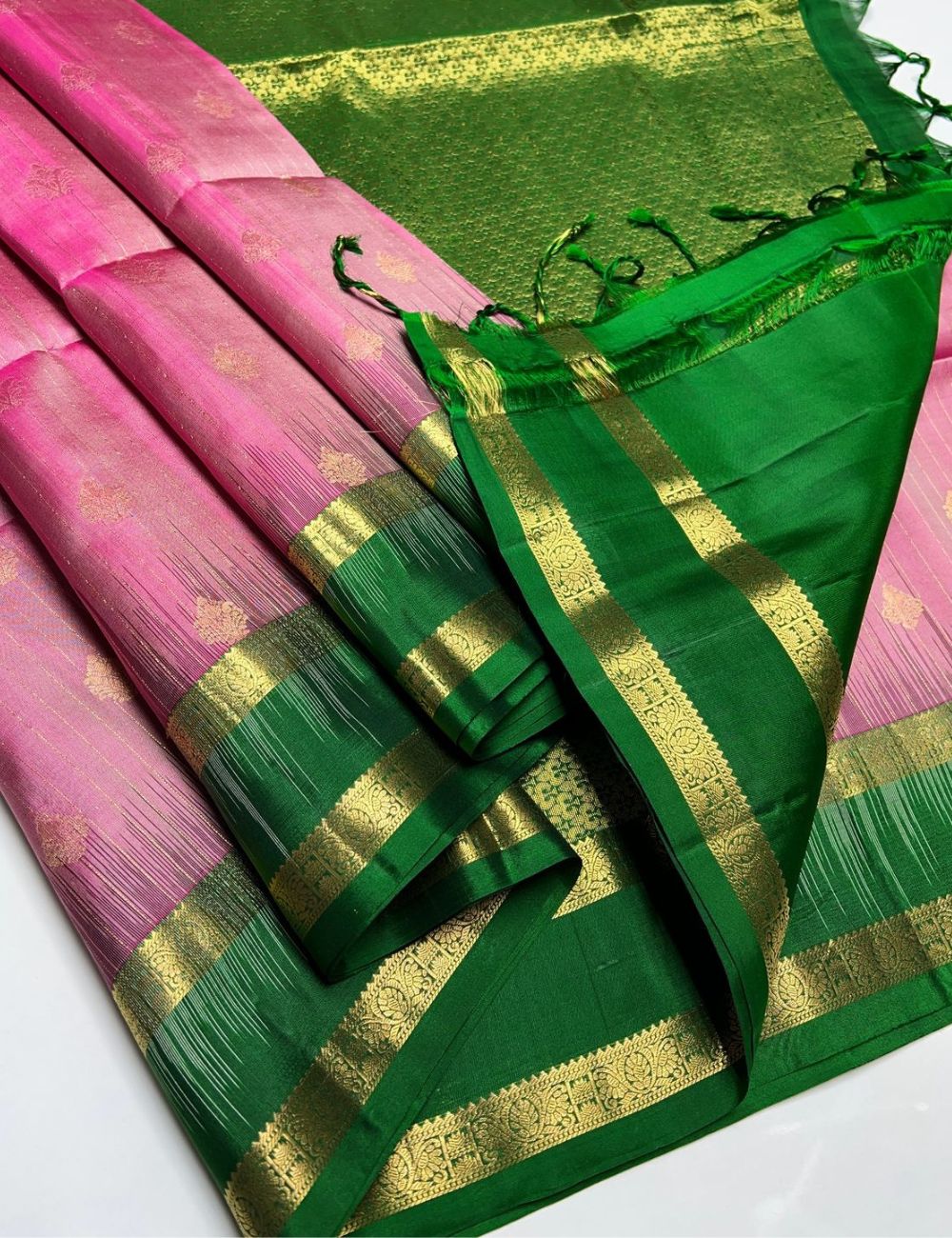 Baby Pink & Green - Soft Silk Saree