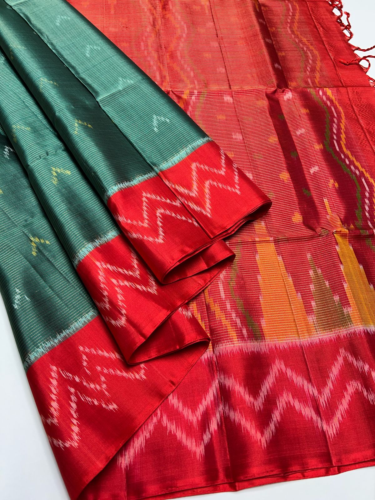 Emerald Green & Red - Soft Silk Saree