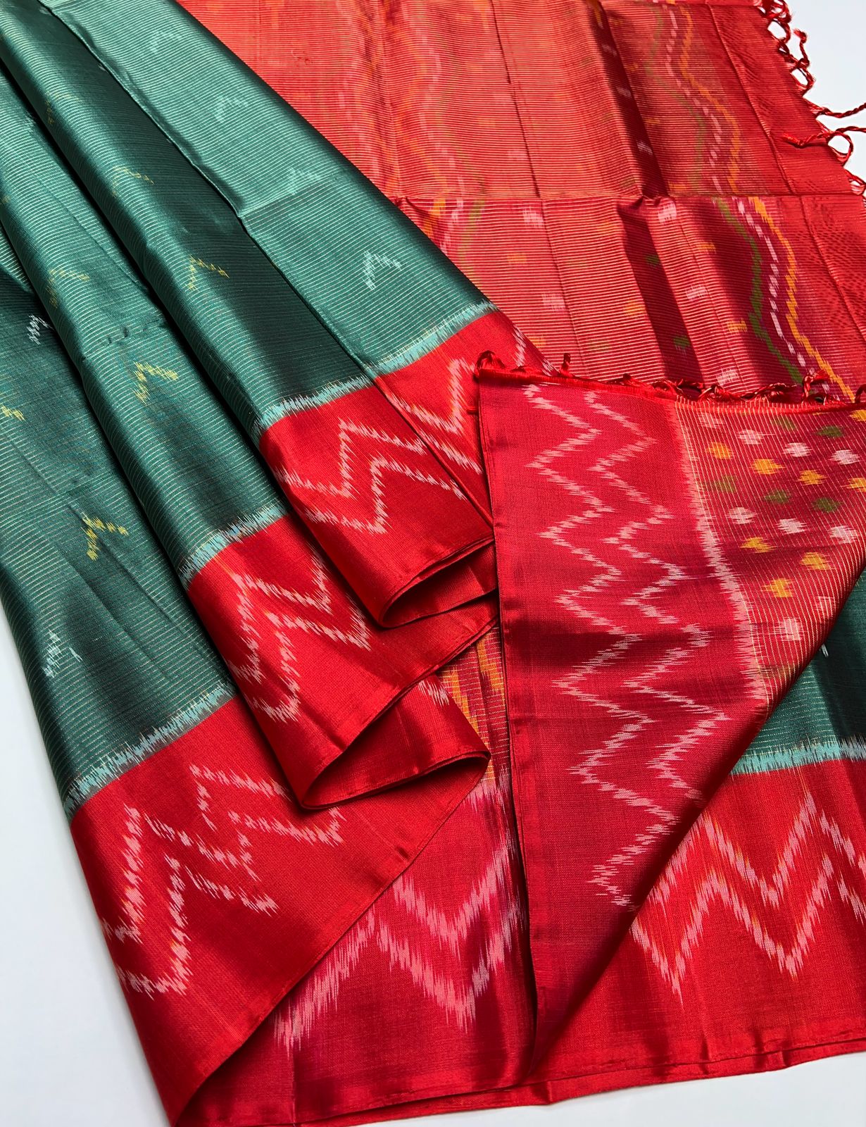 Emerald Green & Red - Soft Silk Saree