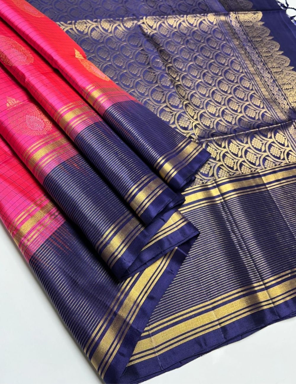 Pink & Navy Blue - Soft Silk Saree