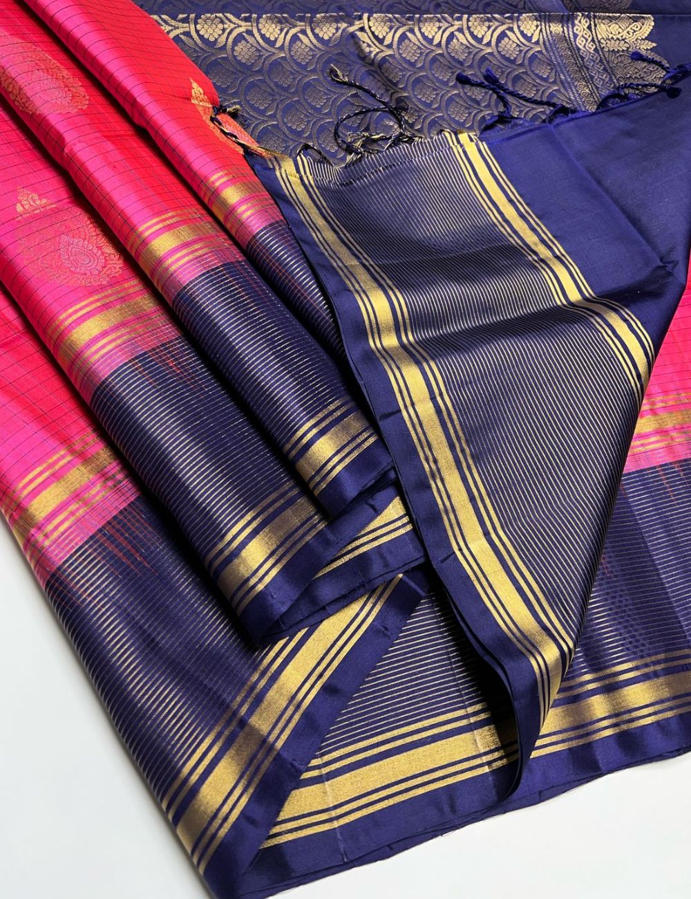 Pink & Navy Blue - Soft Silk Saree