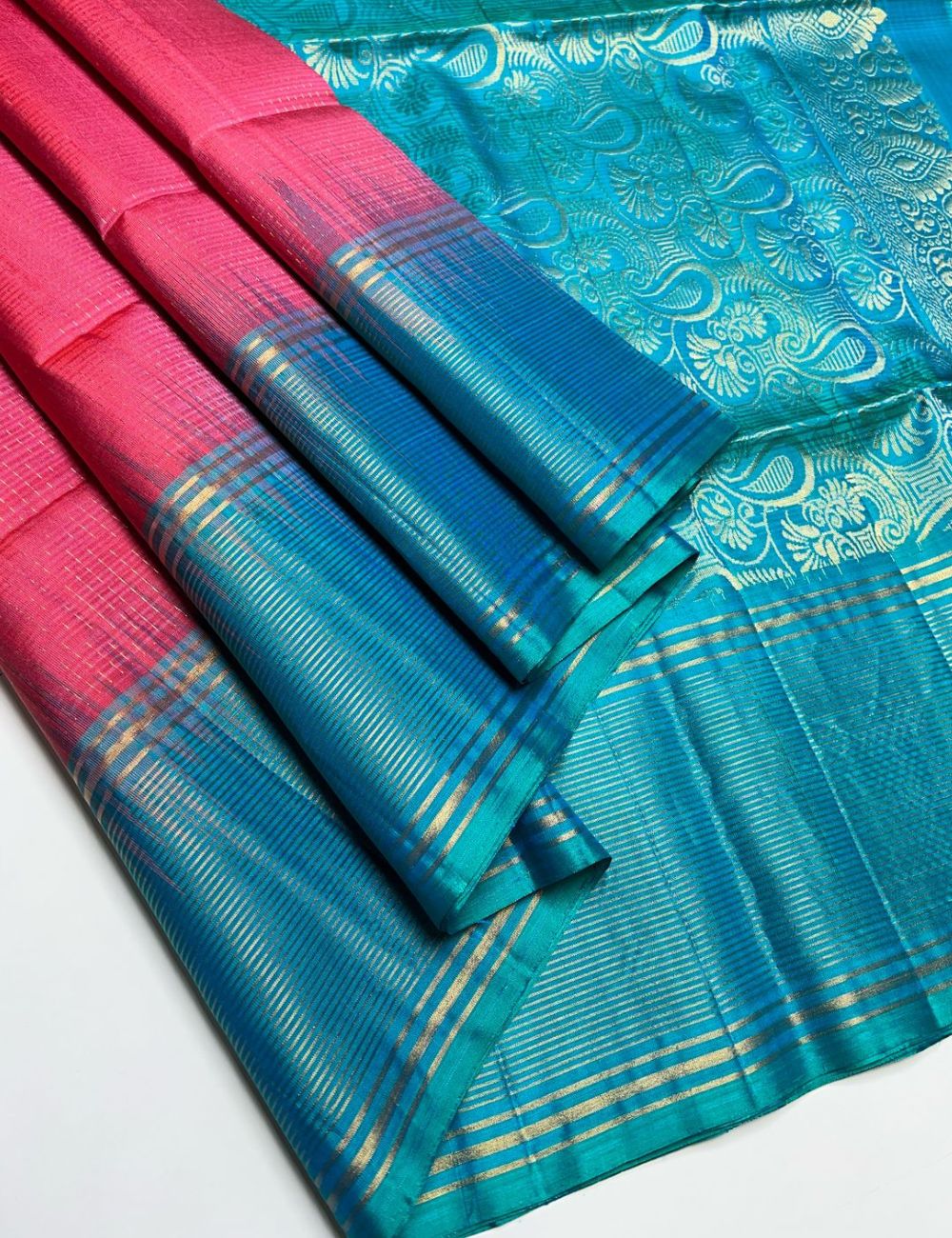Pink & Blue - Soft Silk Saree
