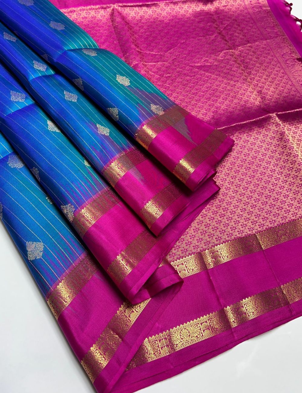 Peacock Blue & Rani Pink - Soft Silk Saree