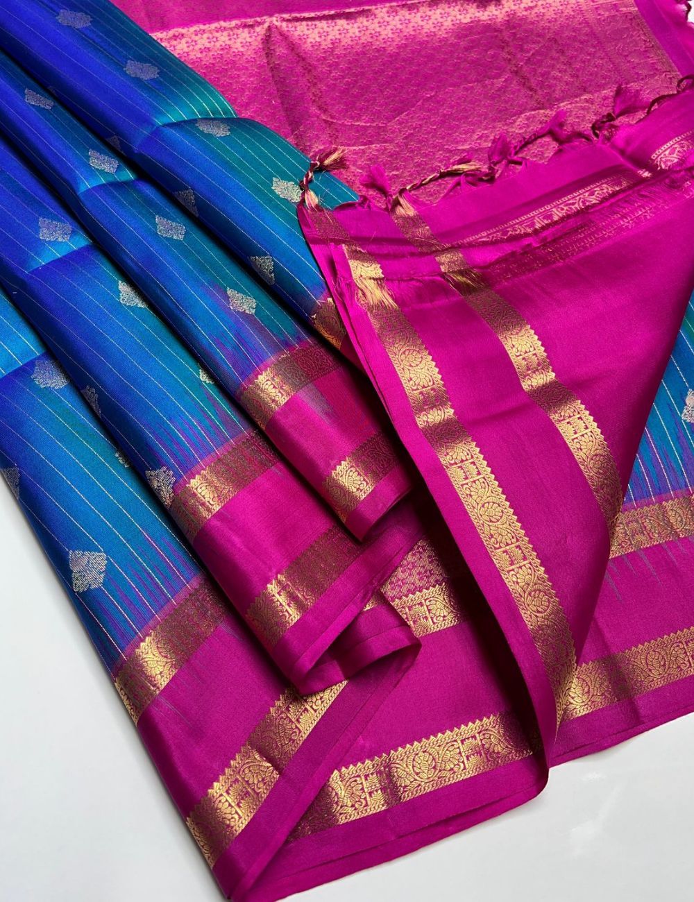 Peacock Blue & Rani Pink - Soft Silk Saree