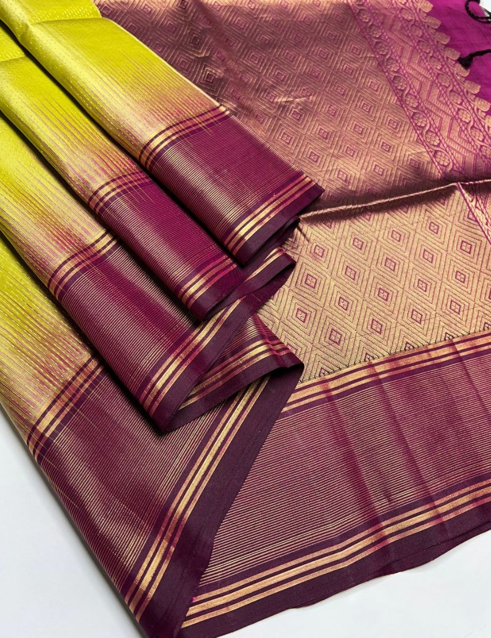 Yellow & Maroon - Soft Silk Saree