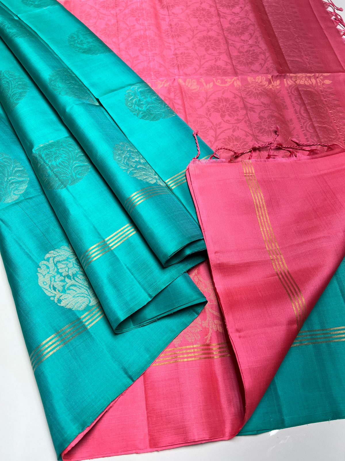 Sky Blue & Pink - Soft Silk Saree