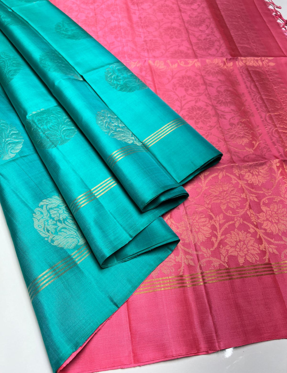 Sky Blue & Pink - Soft Silk Saree