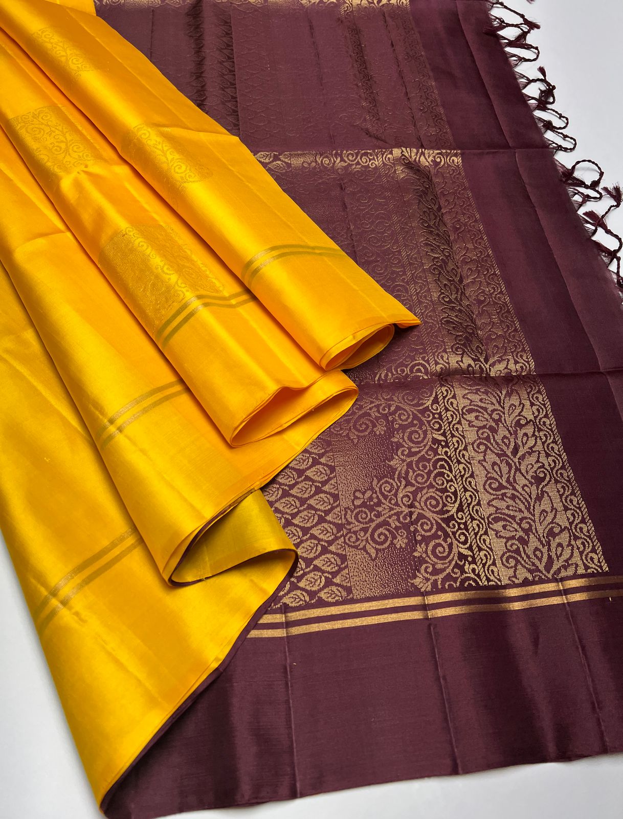 Yellow & Brown  - Soft Silk Saree