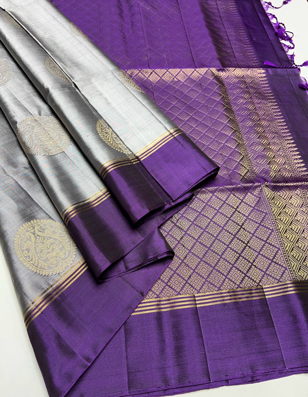 Silver Grey & Purple - Soft Silk Saree
