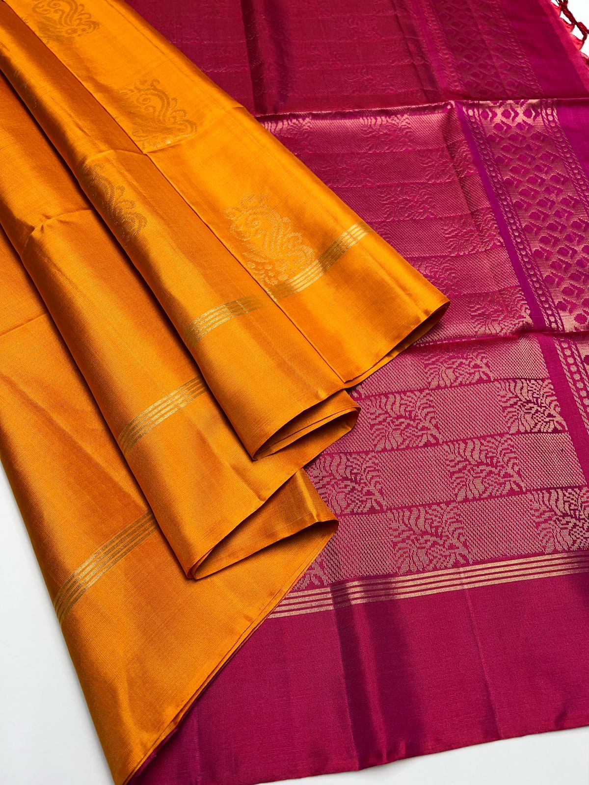 Golden Yellow & Magenta - Soft Silk Saree