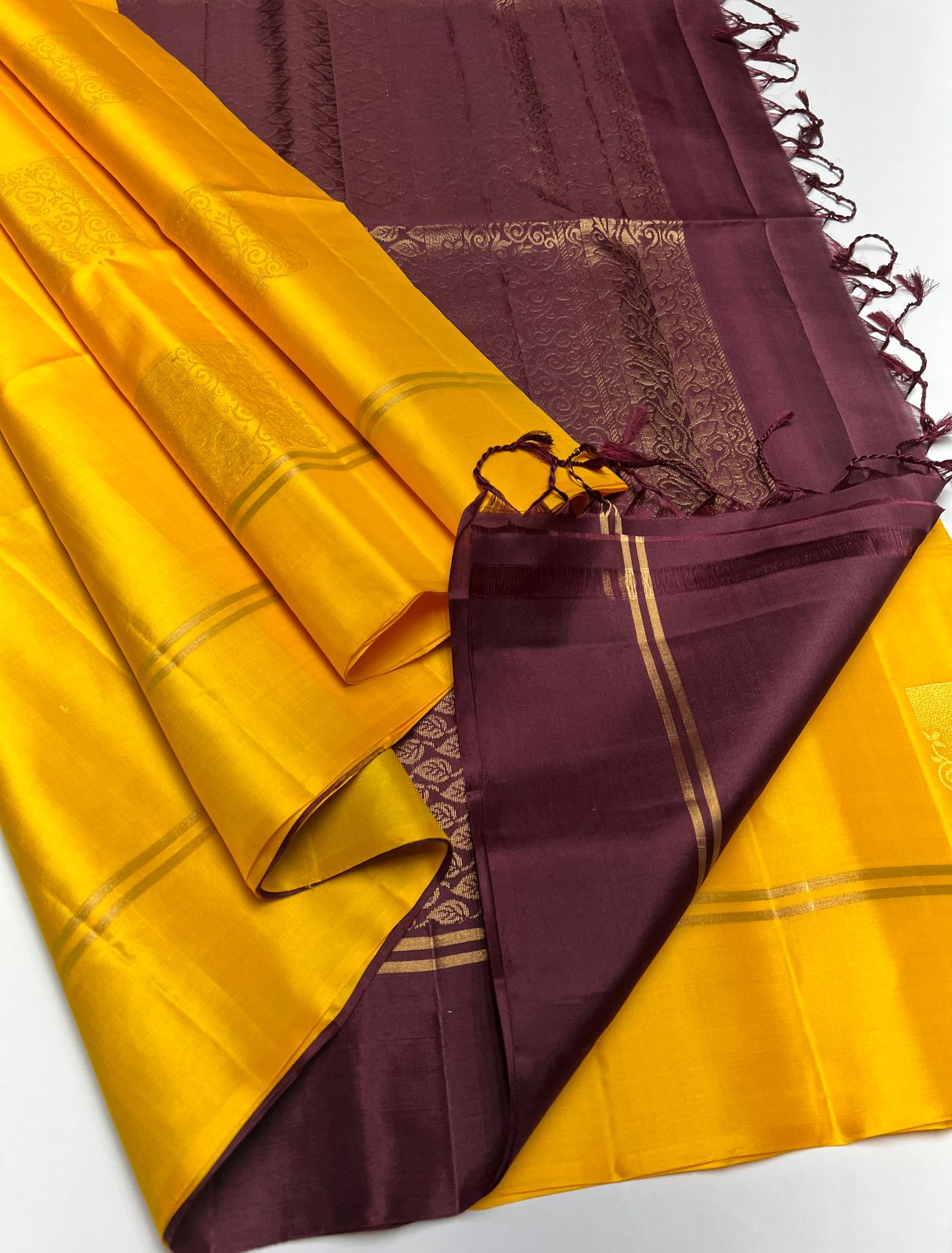Yellow & Brown  - Soft Silk Saree