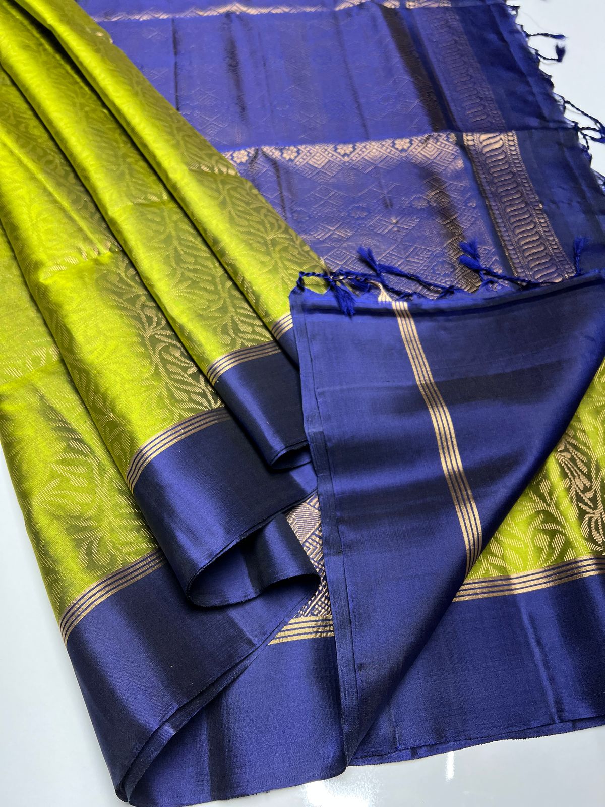 Parrot Green & Navy Blue - Soft Silk Saree
