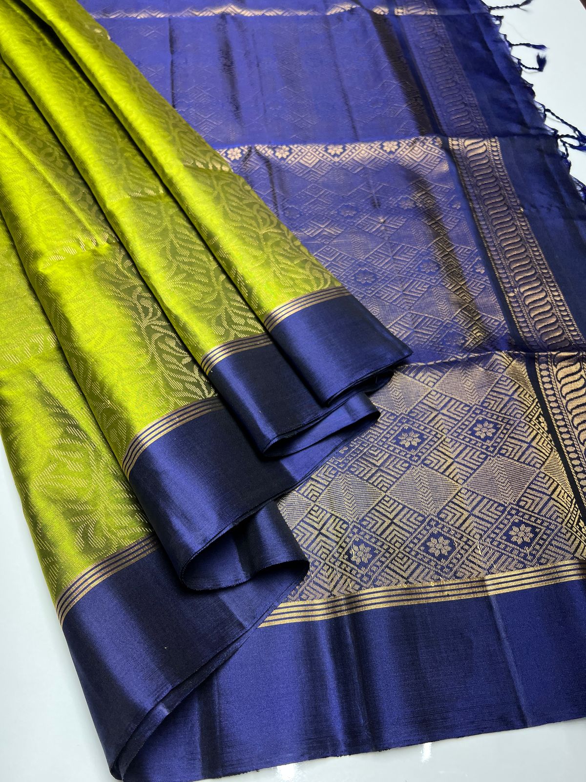 Parrot Green & Navy Blue - Soft Silk Saree