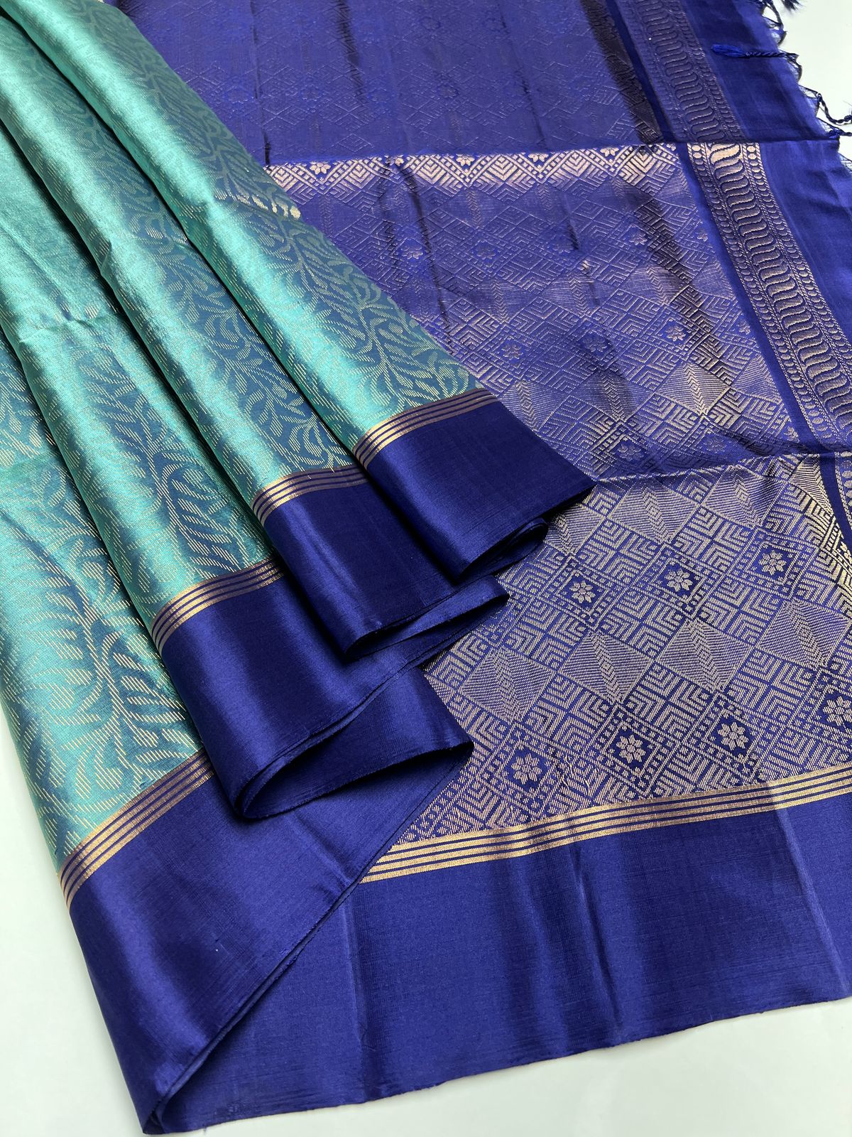 Teal Green & Navy Blue - Soft Silk Saree