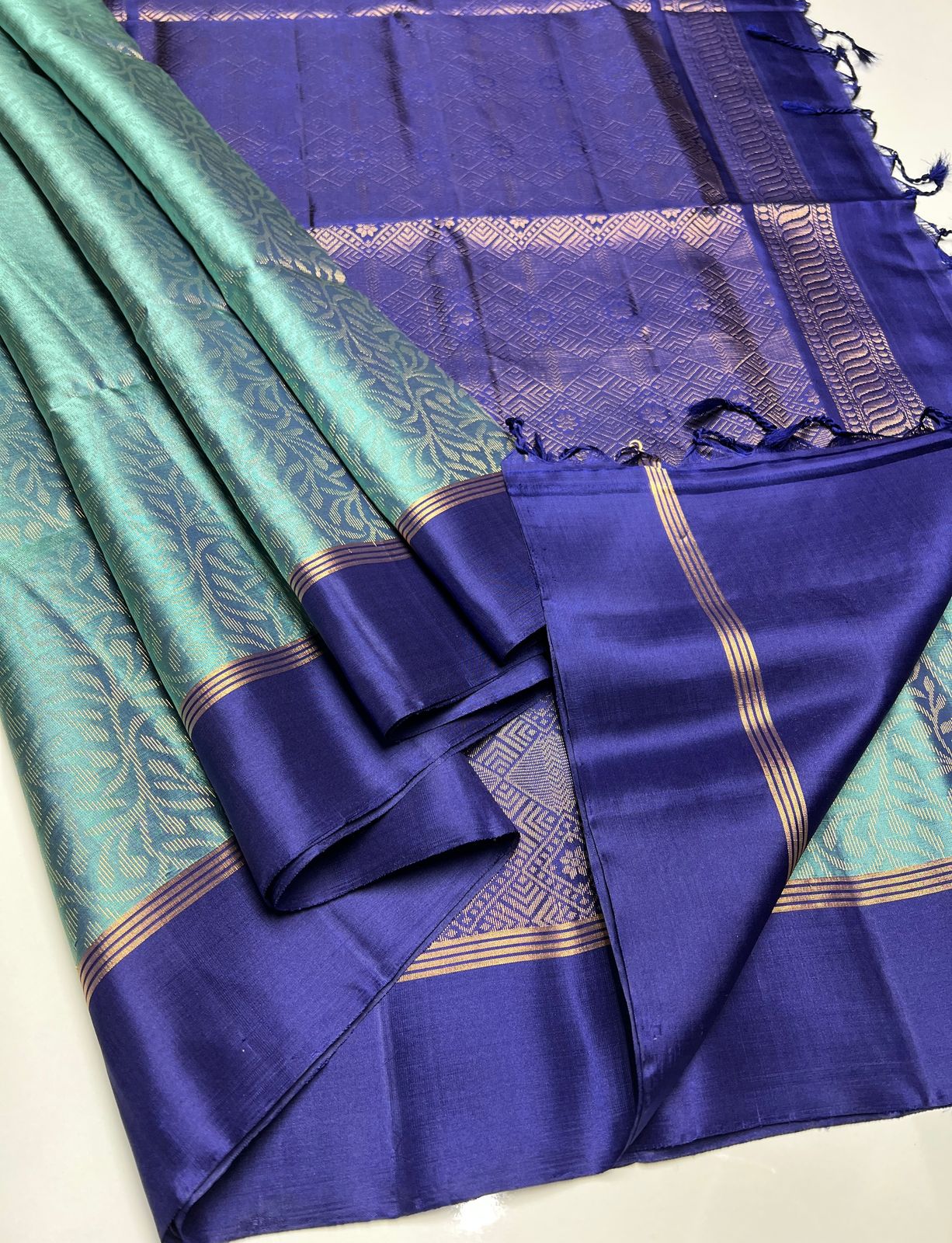 Teal Green & Navy Blue - Soft Silk Saree