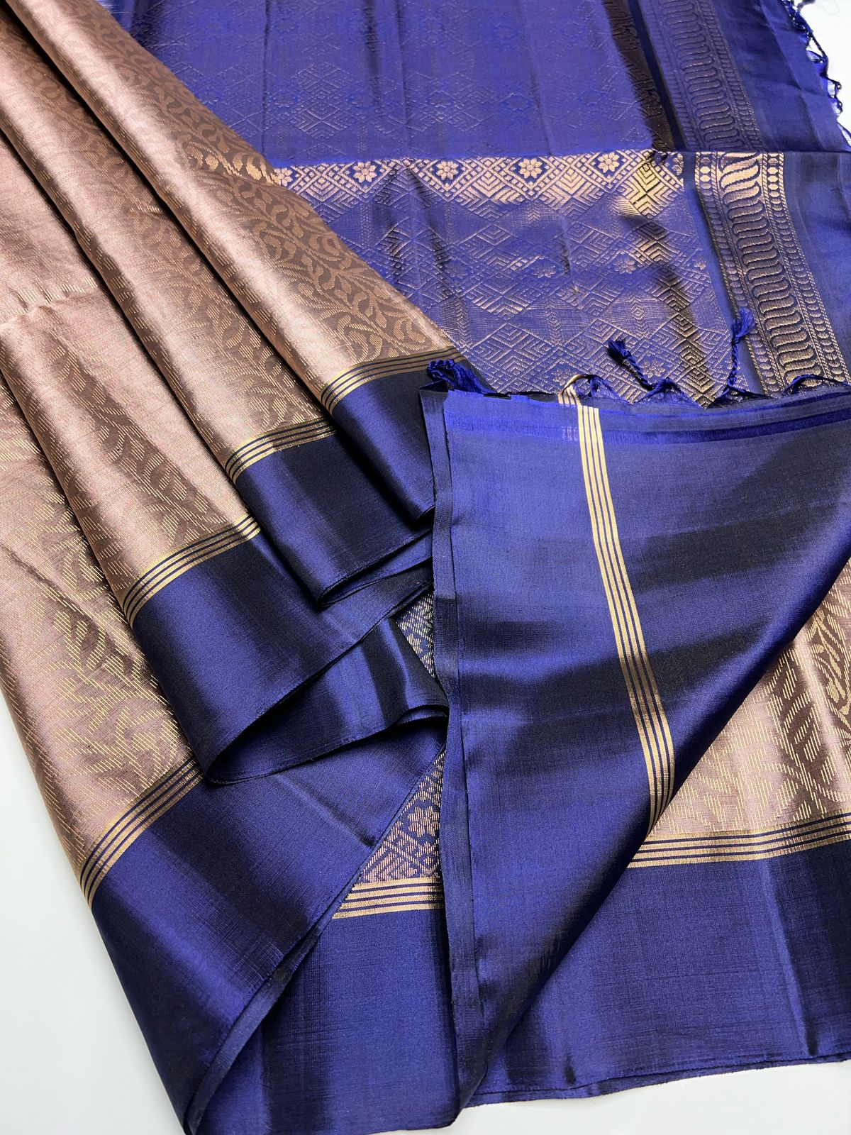 Dusty Rose & Navy Blue  - Soft Silk Saree