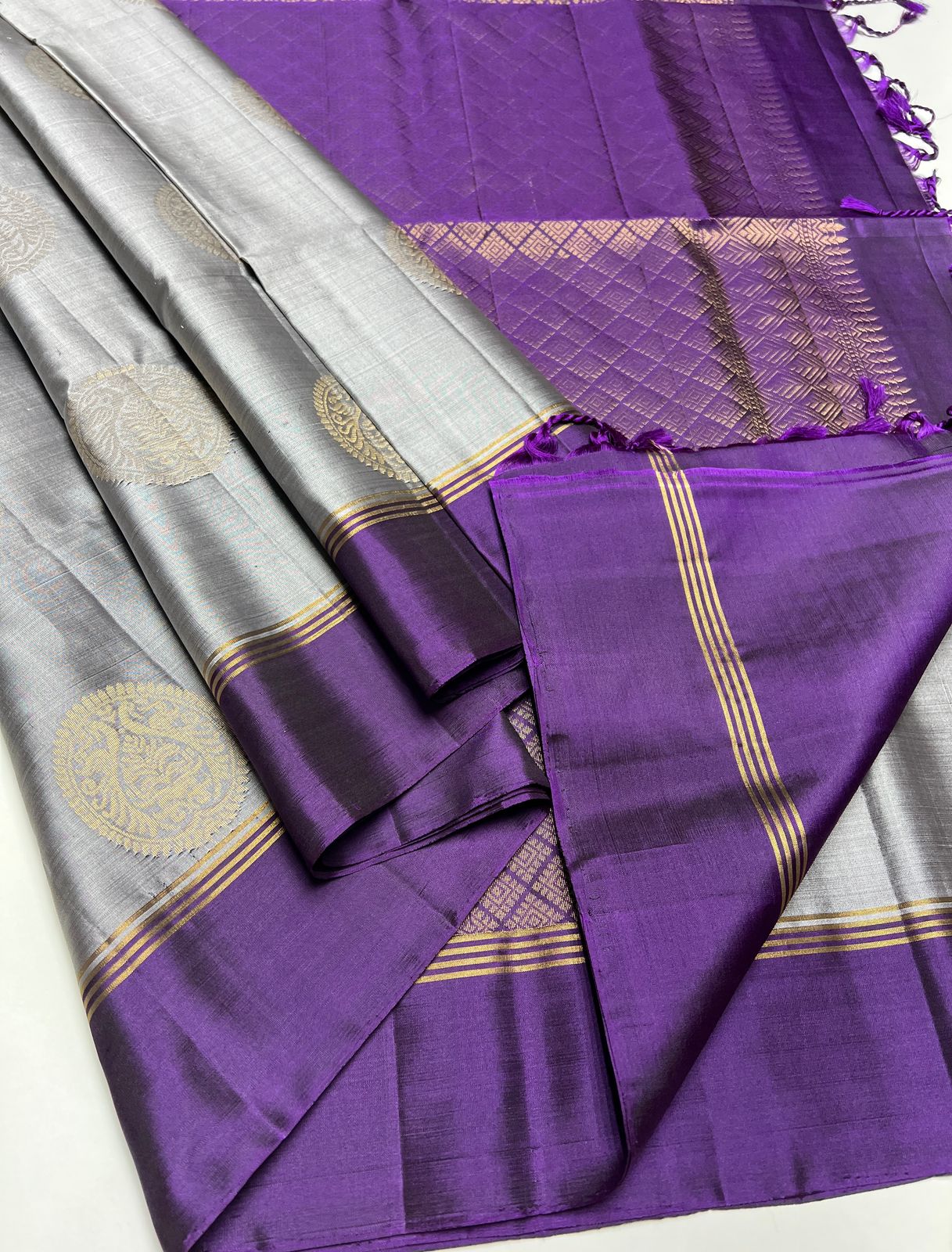 Silver Grey & Purple - Soft Silk Saree