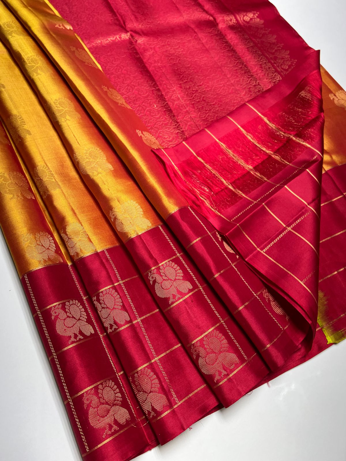 Golden Yellow & Red  - Soft Silk Saree