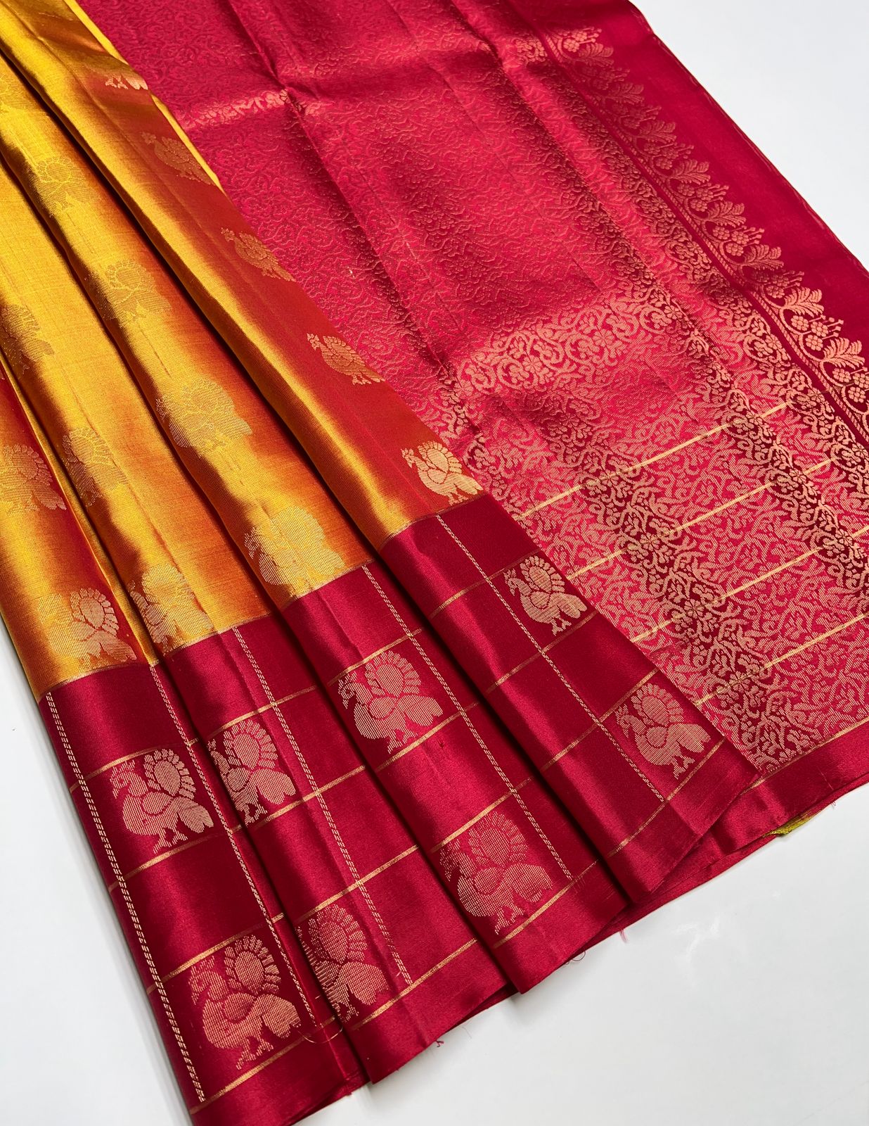 Golden Yellow & Red  - Soft Silk Saree
