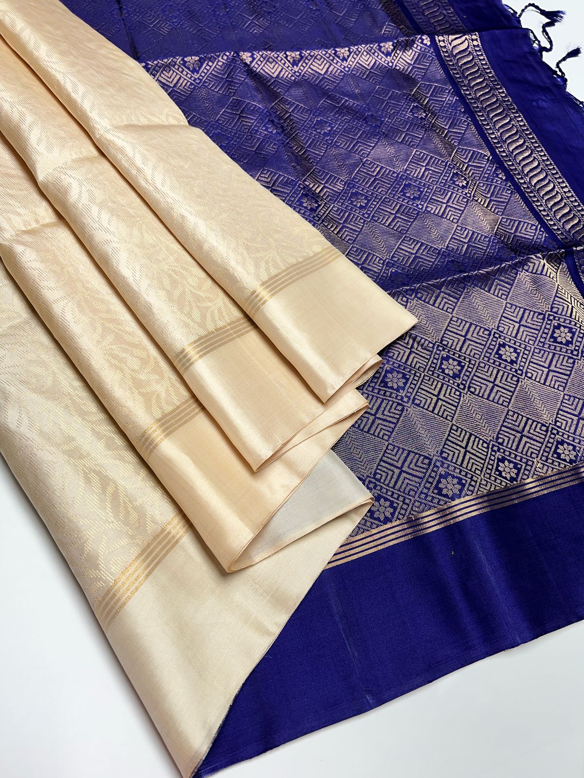 White & Navy Blue - Soft Silk Saree