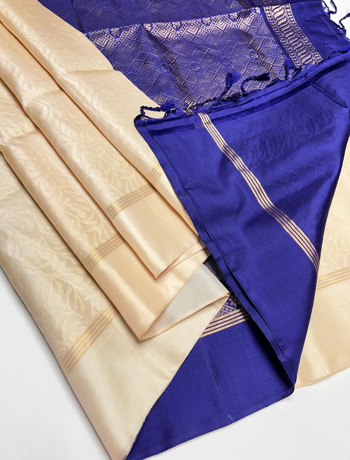 White & Navy Blue - Soft Silk Saree