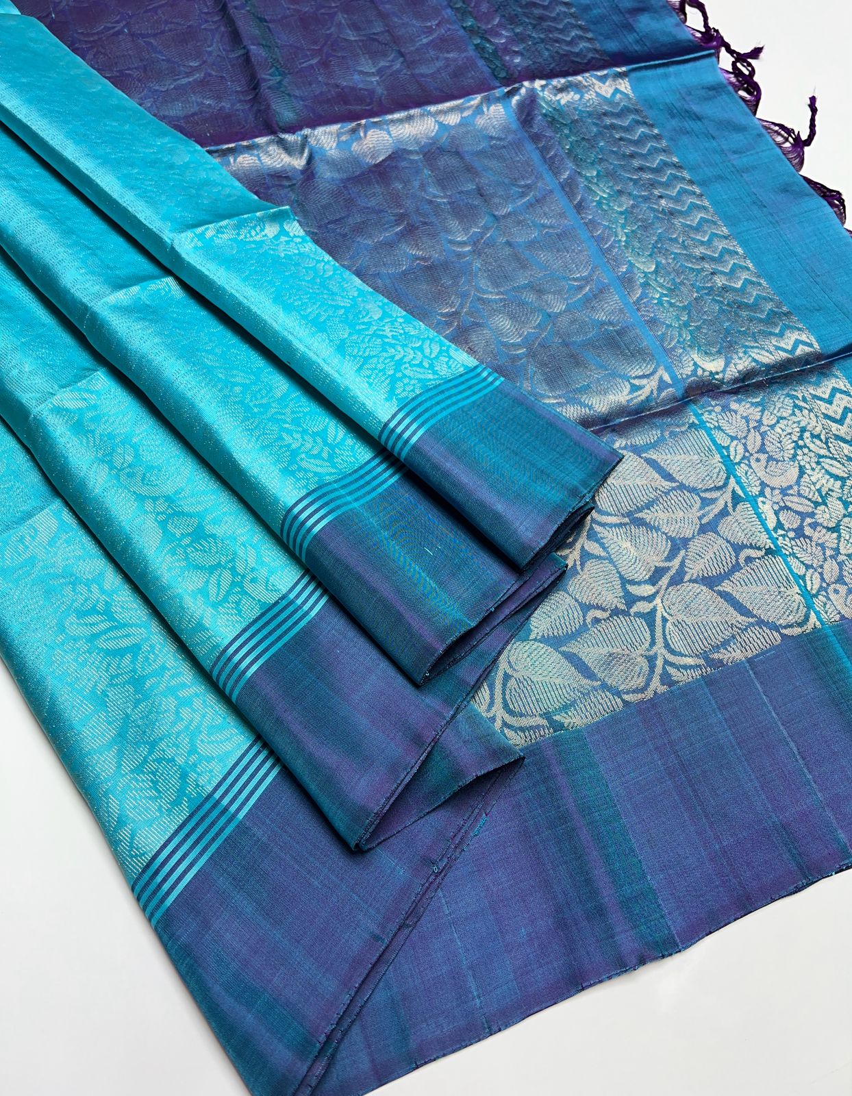 Sky Blue & Navy Blue - Soft Silk Saree