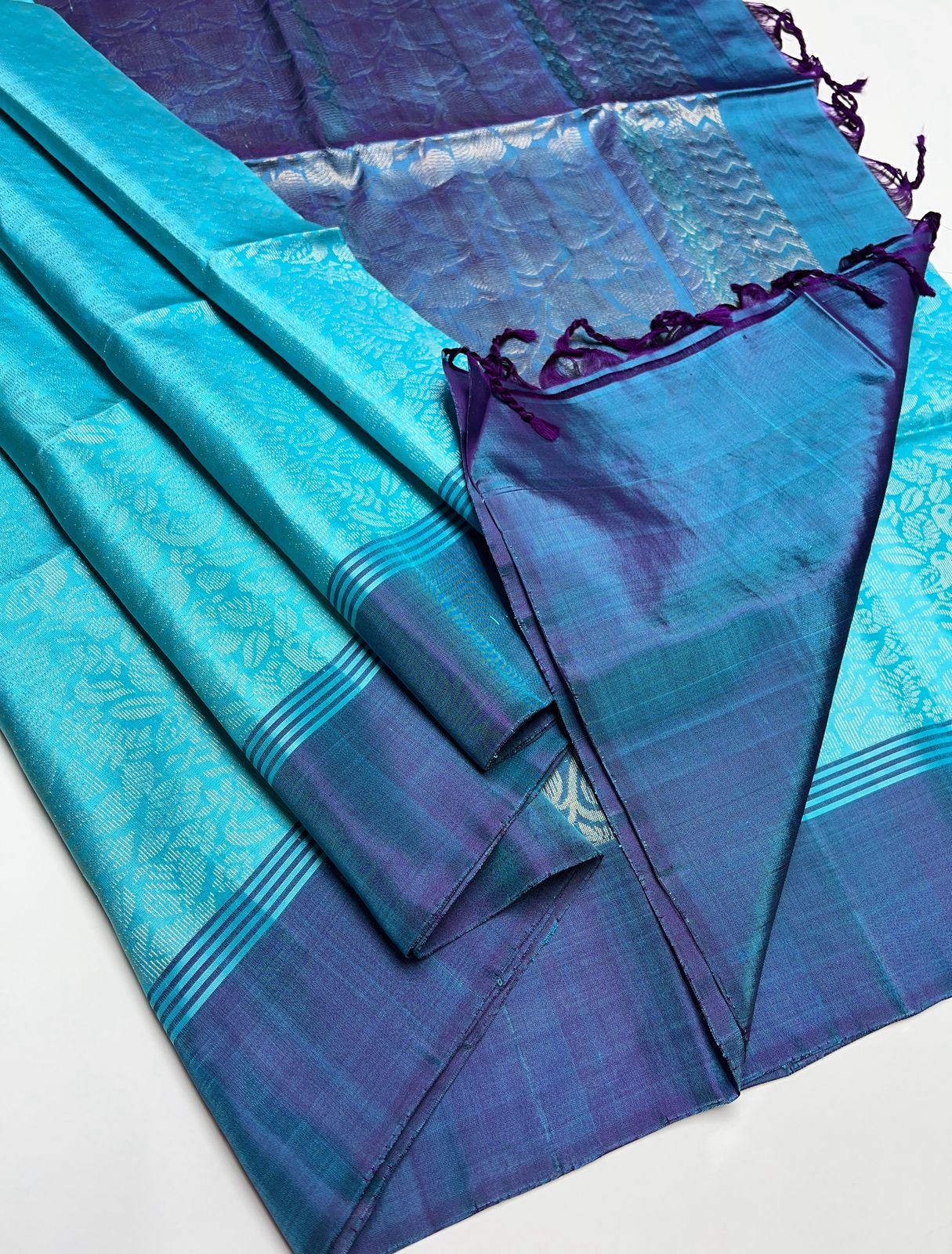 Sky Blue & Navy Blue - Soft Silk Saree