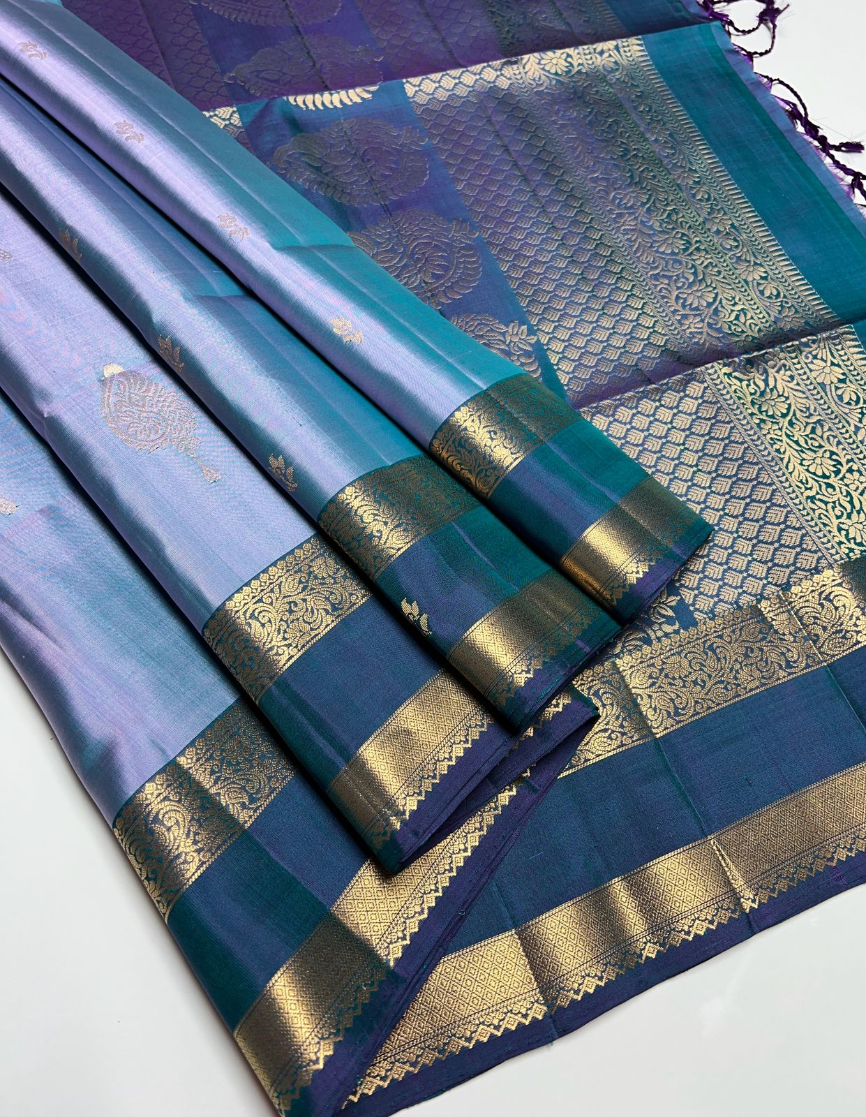 Greyish Blue & Teal Blue - Soft Silk Saree