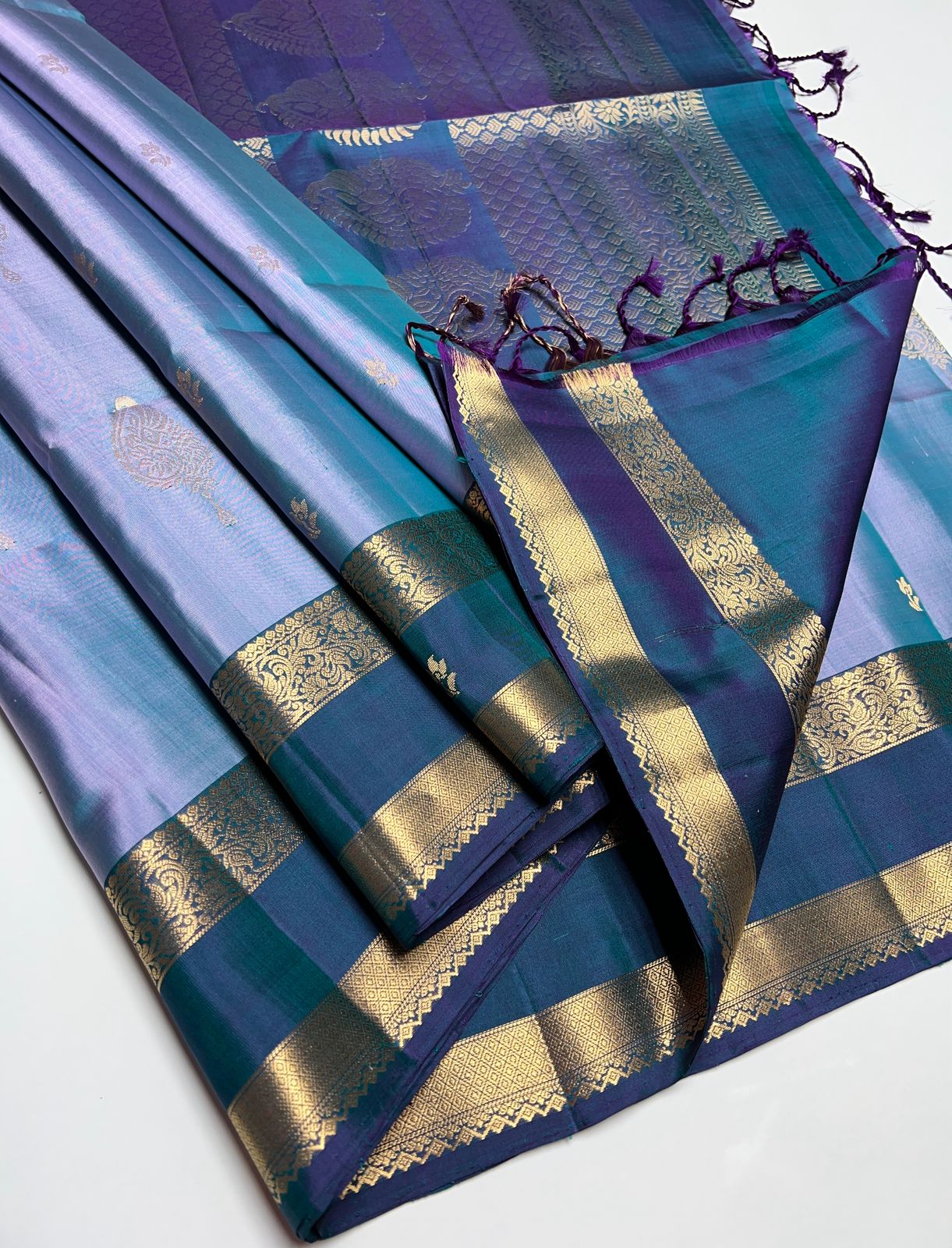 Greyish Blue & Teal Blue - Soft Silk Saree