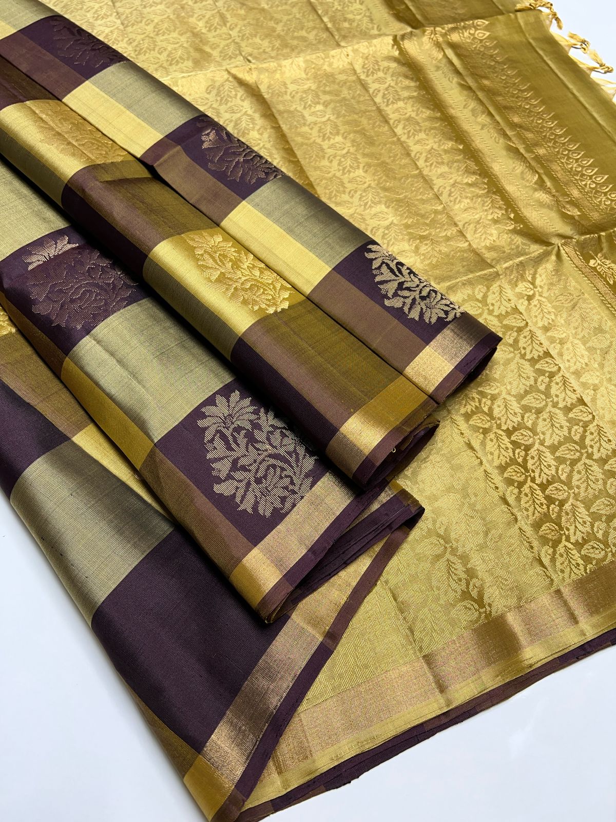 Golden Yellow & Coffee Brown - Soft Silk Saree
