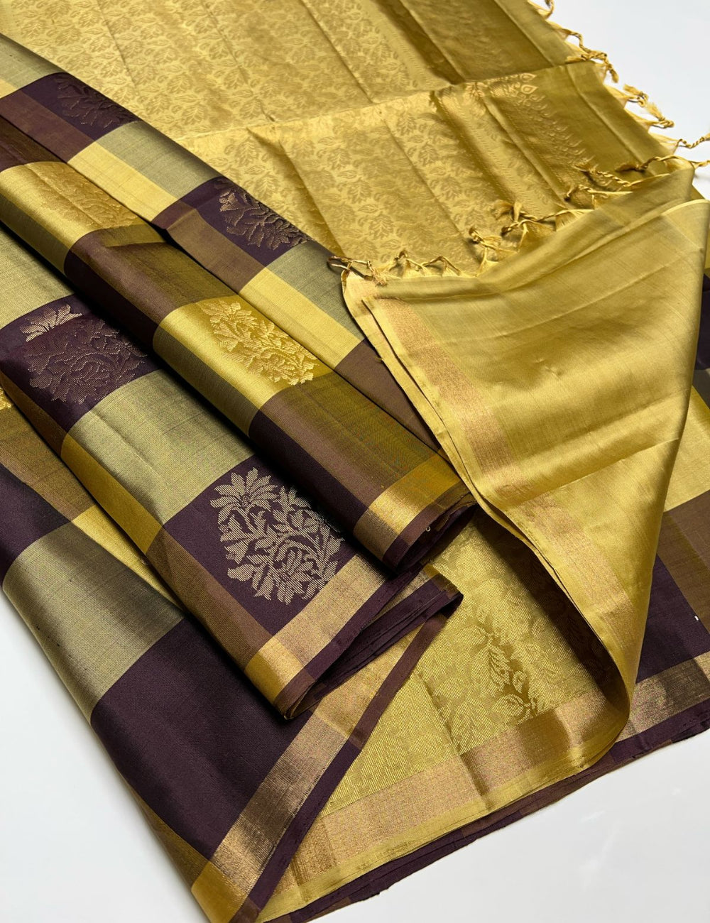Golden Yellow & Coffee Brown - Soft Silk Saree