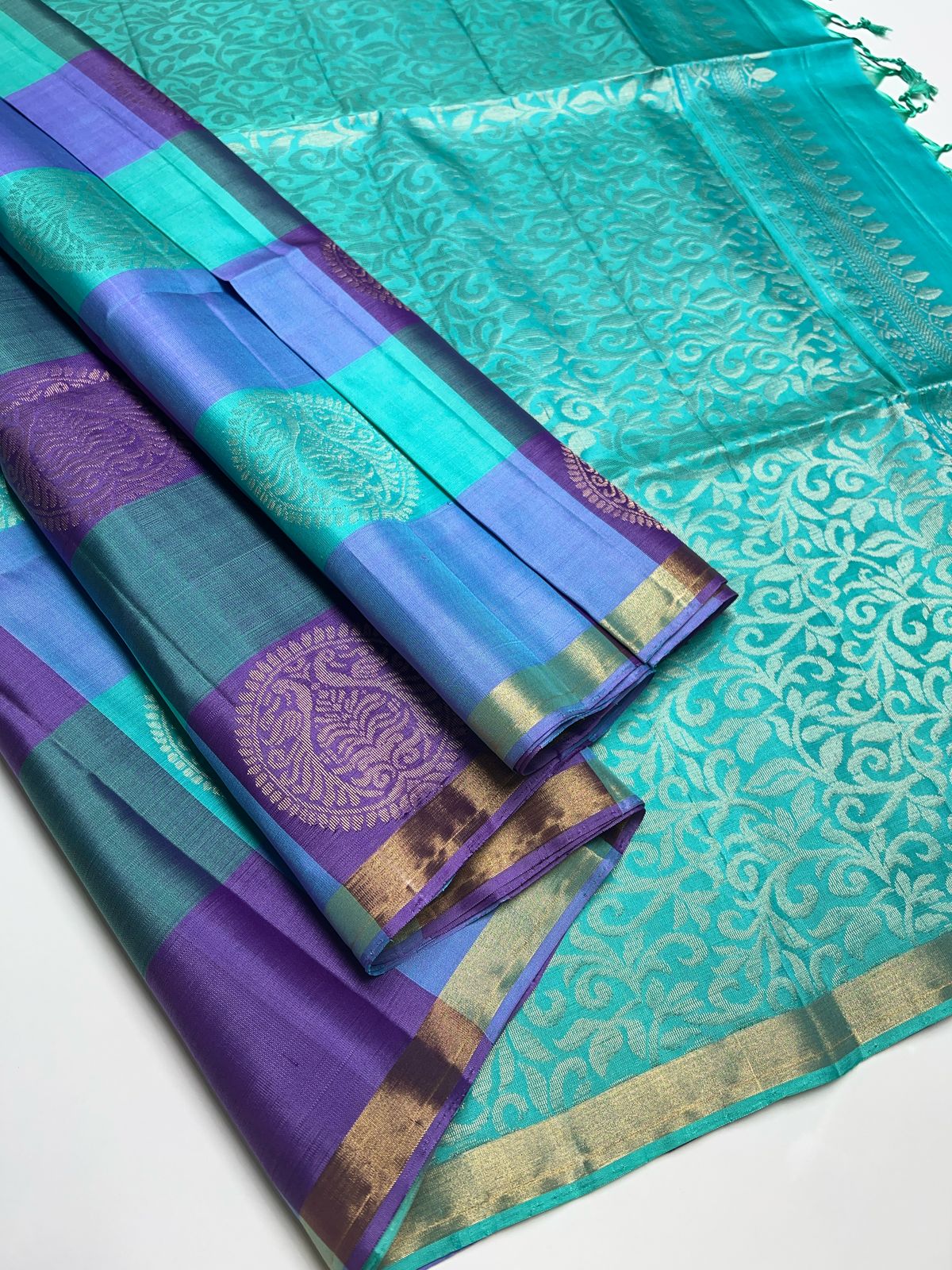 Purple & Turquoise Blue - Soft Silk Saree