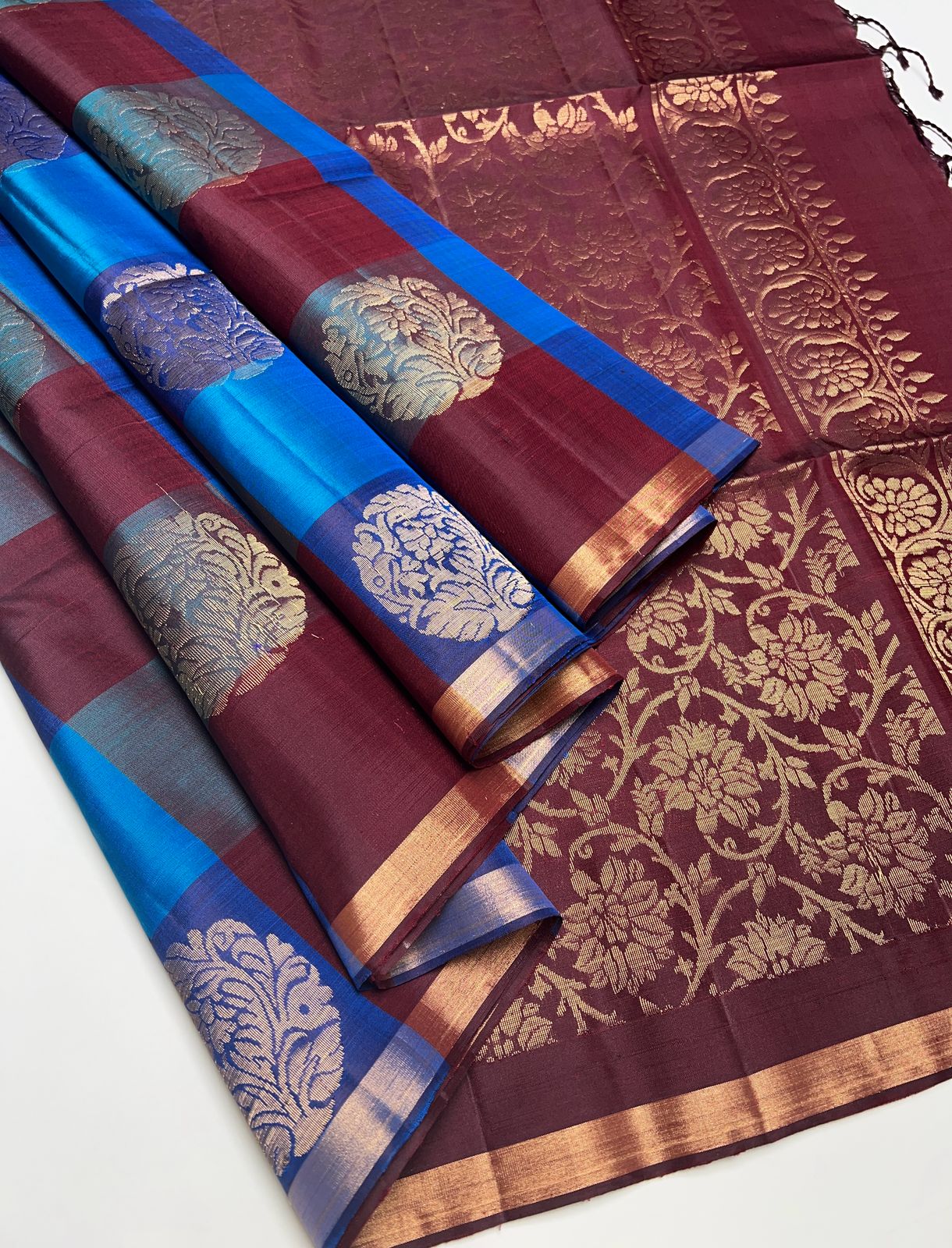 Blue & Brown - Soft Silk Saree