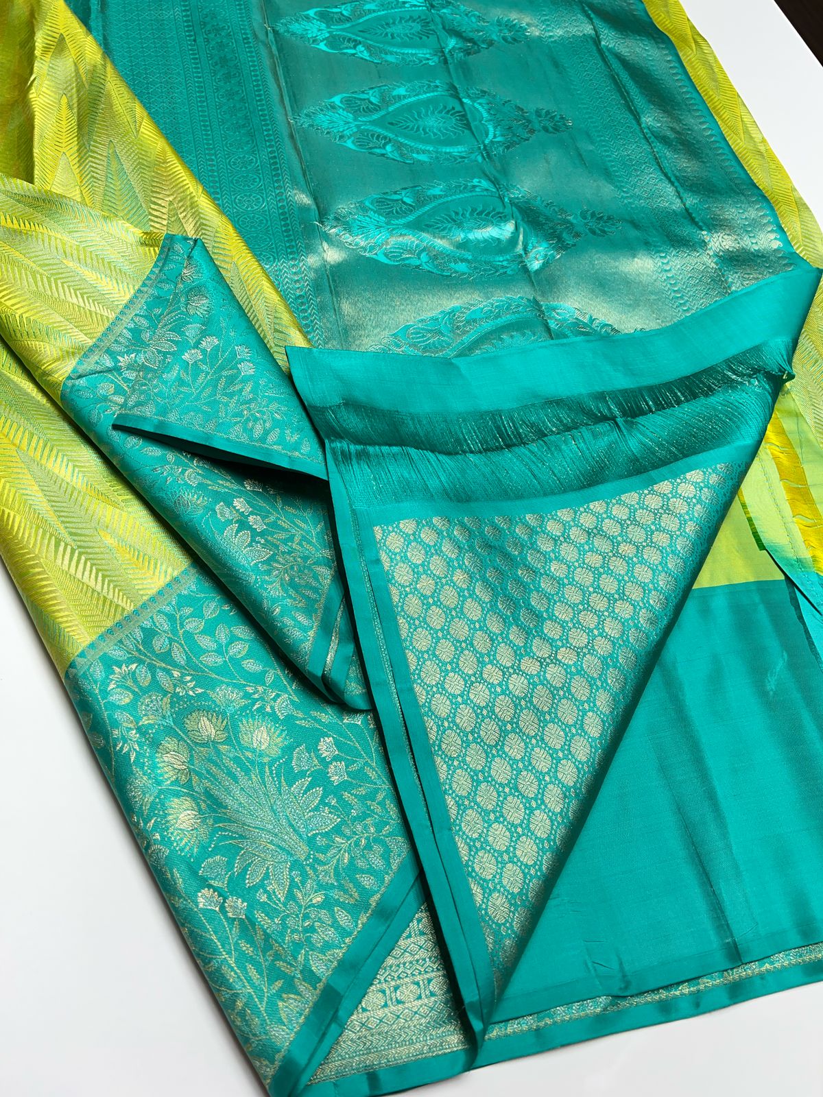 Light Radium Green & Pastel Blue - Kanjeevaram Silk Saree