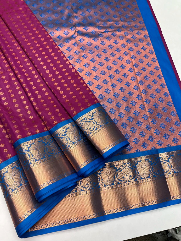 Magenta  Pink  & Blue - Kanjeevaram Semi Silk  Saree