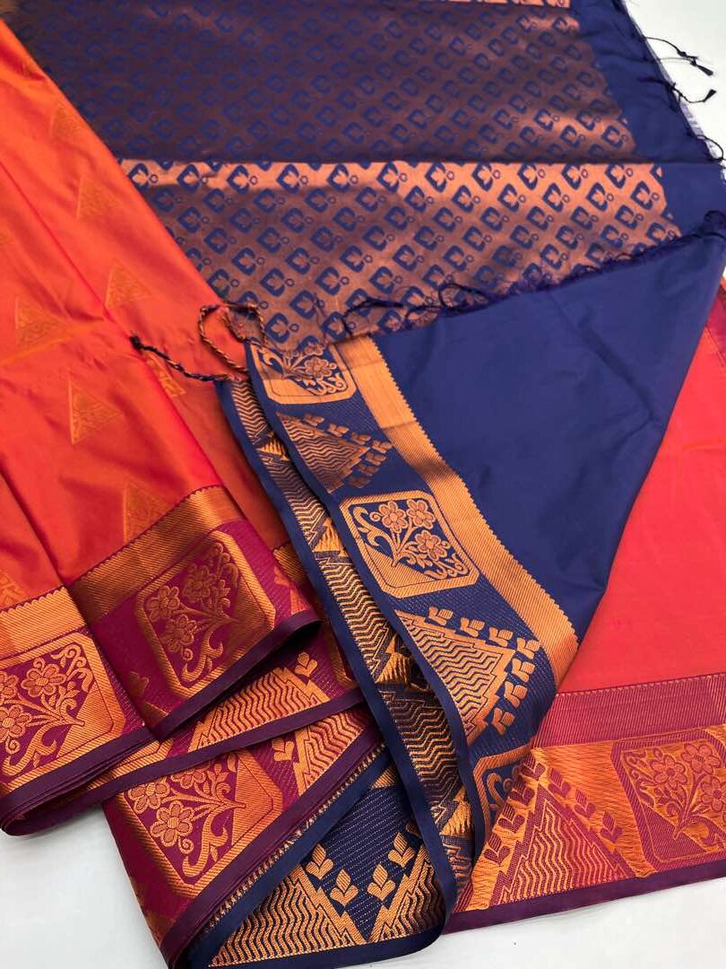 ORANGISH PINK & BLUE - SEMI SILK SAREE
