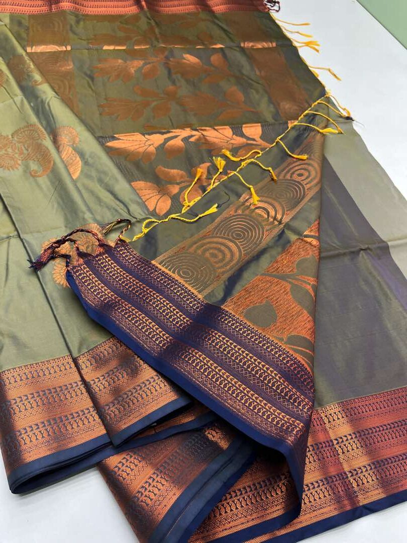DUAL TONE GREEN & YELLOW CROSS BLUE - SEMI SILK SAREE