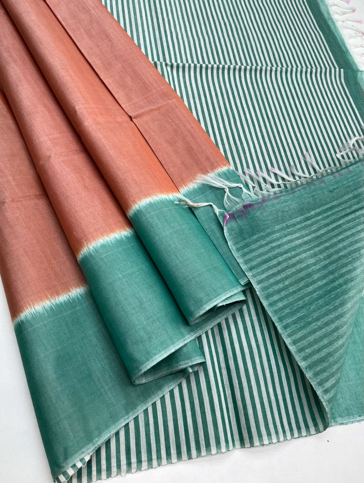 Koral Pink & Teal Green - Silk Cotton Saree