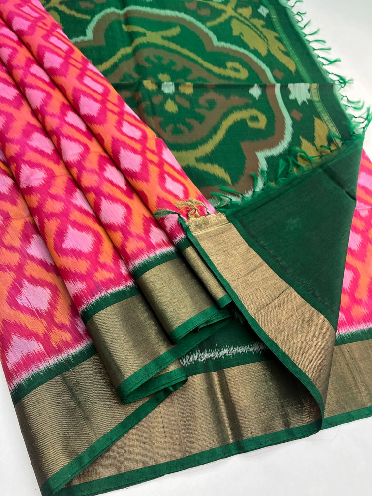 Pink & Green - Silk Cotton Pochampally Saree