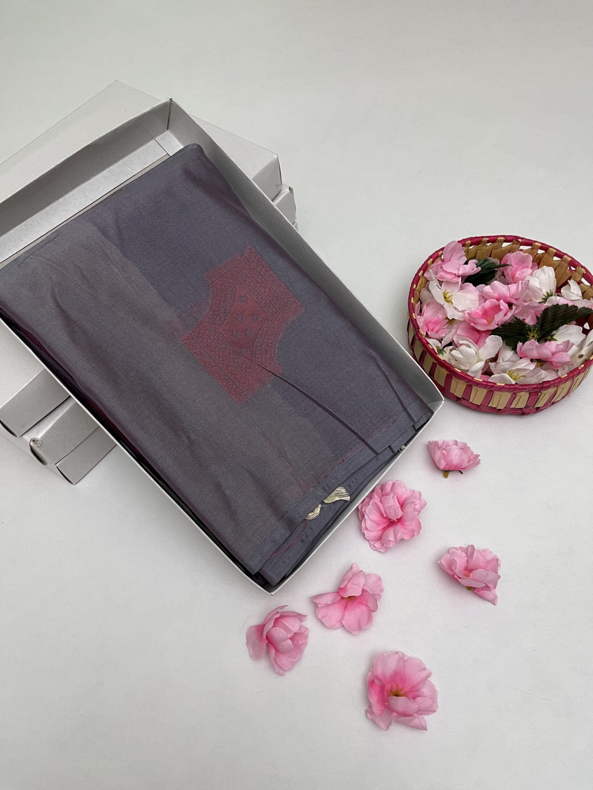 GREY & CREME COLOR - SEMI SILK SAREE