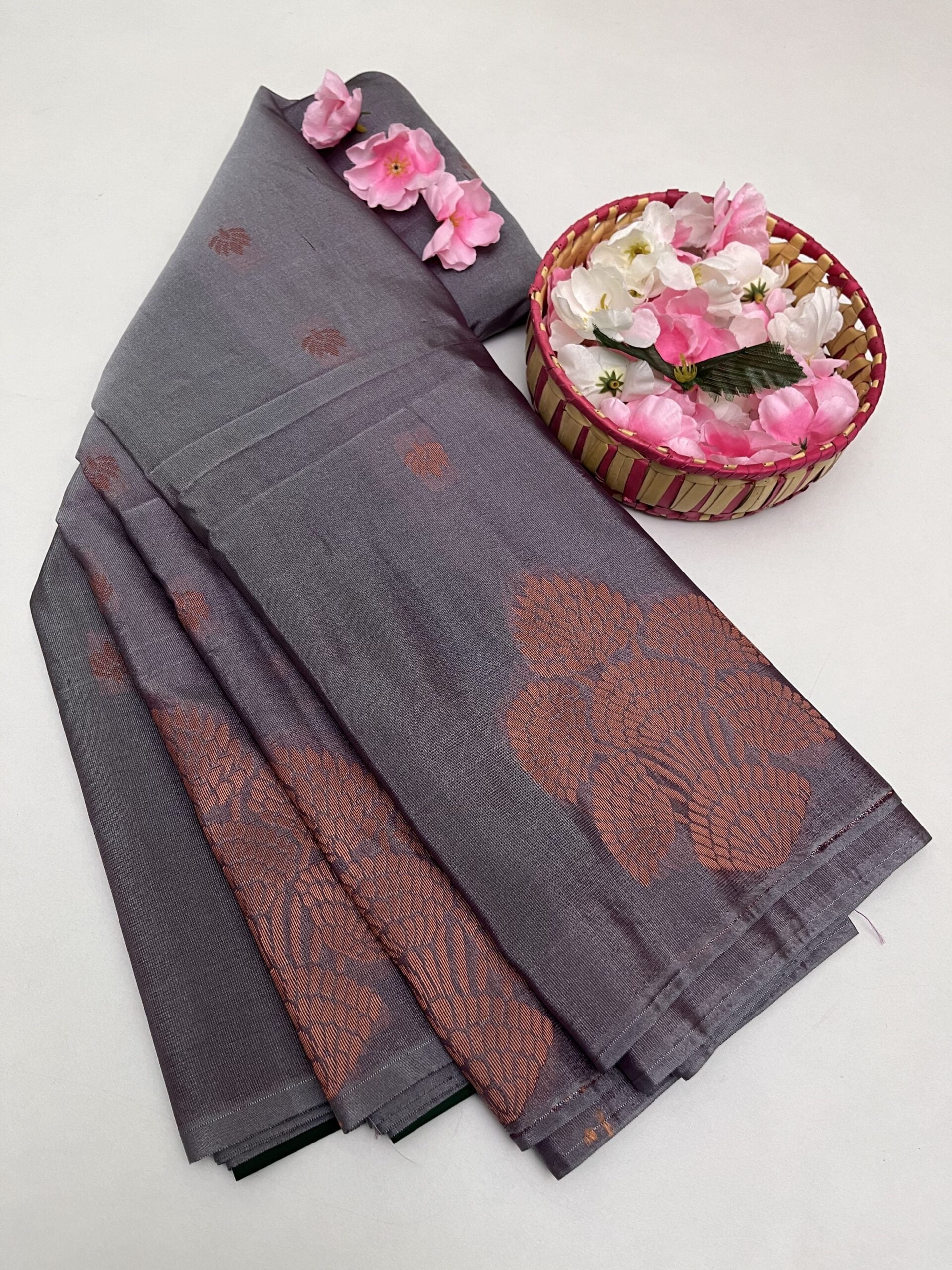 GREYISH PINK & BOTTEL GREEN - SEMI SILK SAREE