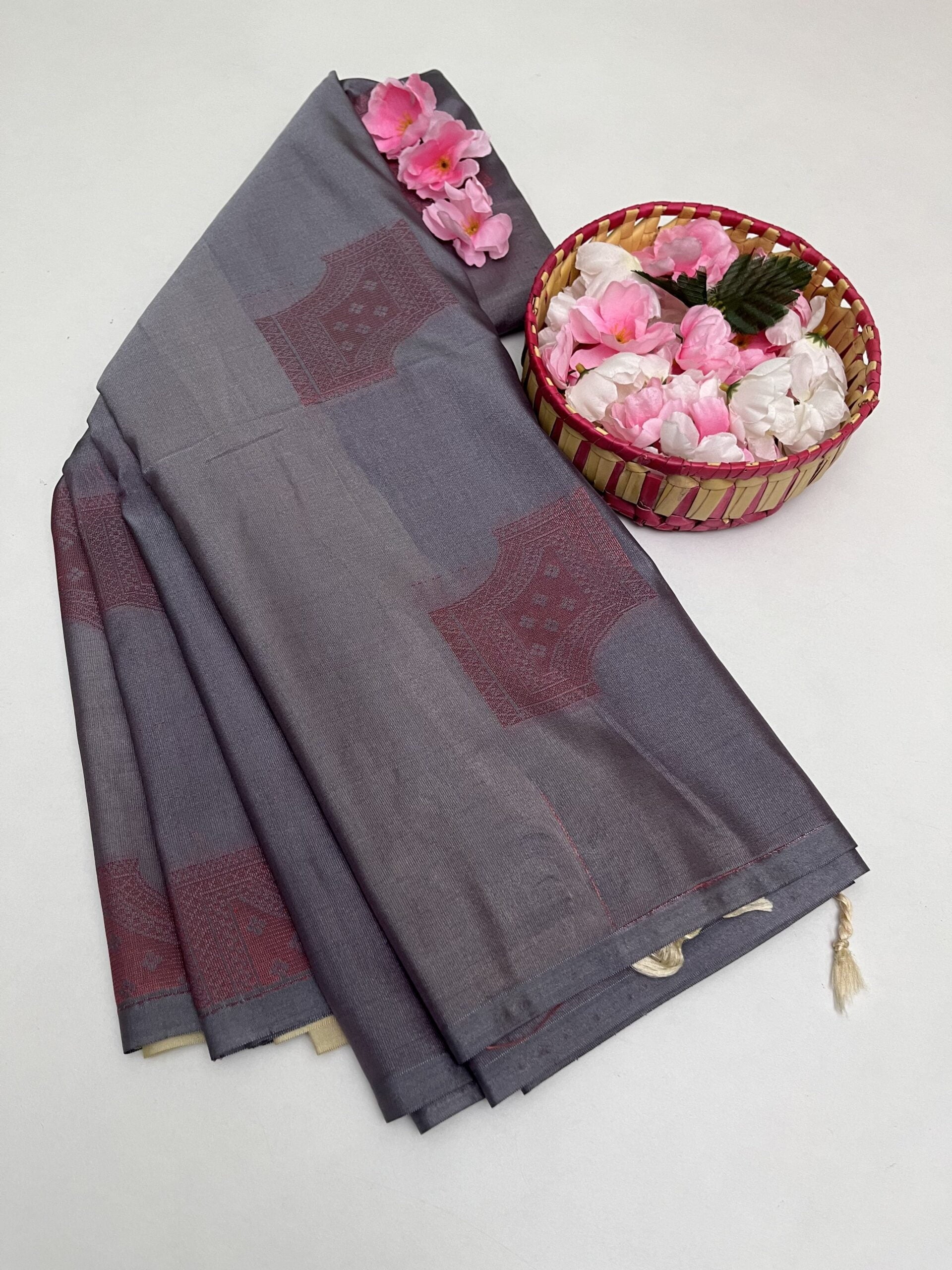 GREY & CREME COLOR - SEMI SILK SAREE