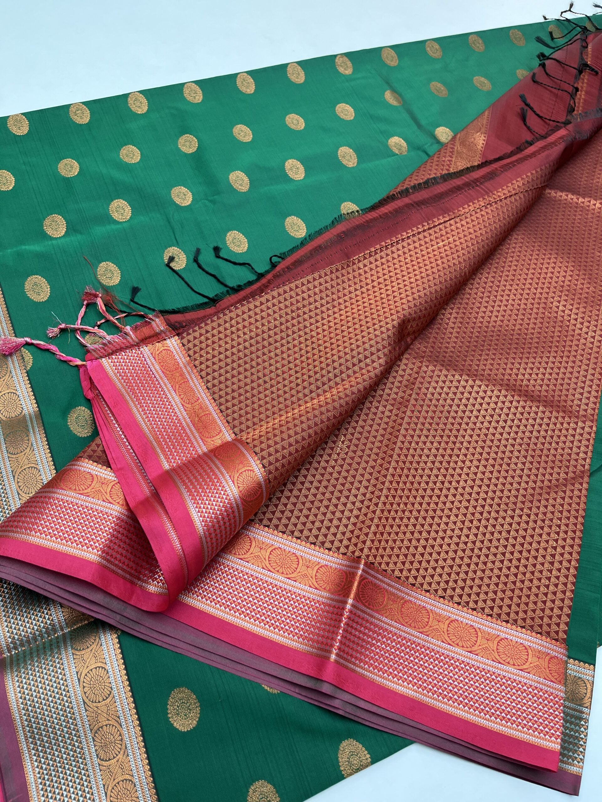 BOTTLE GREEN & PINK - SEMI SILK SAREE