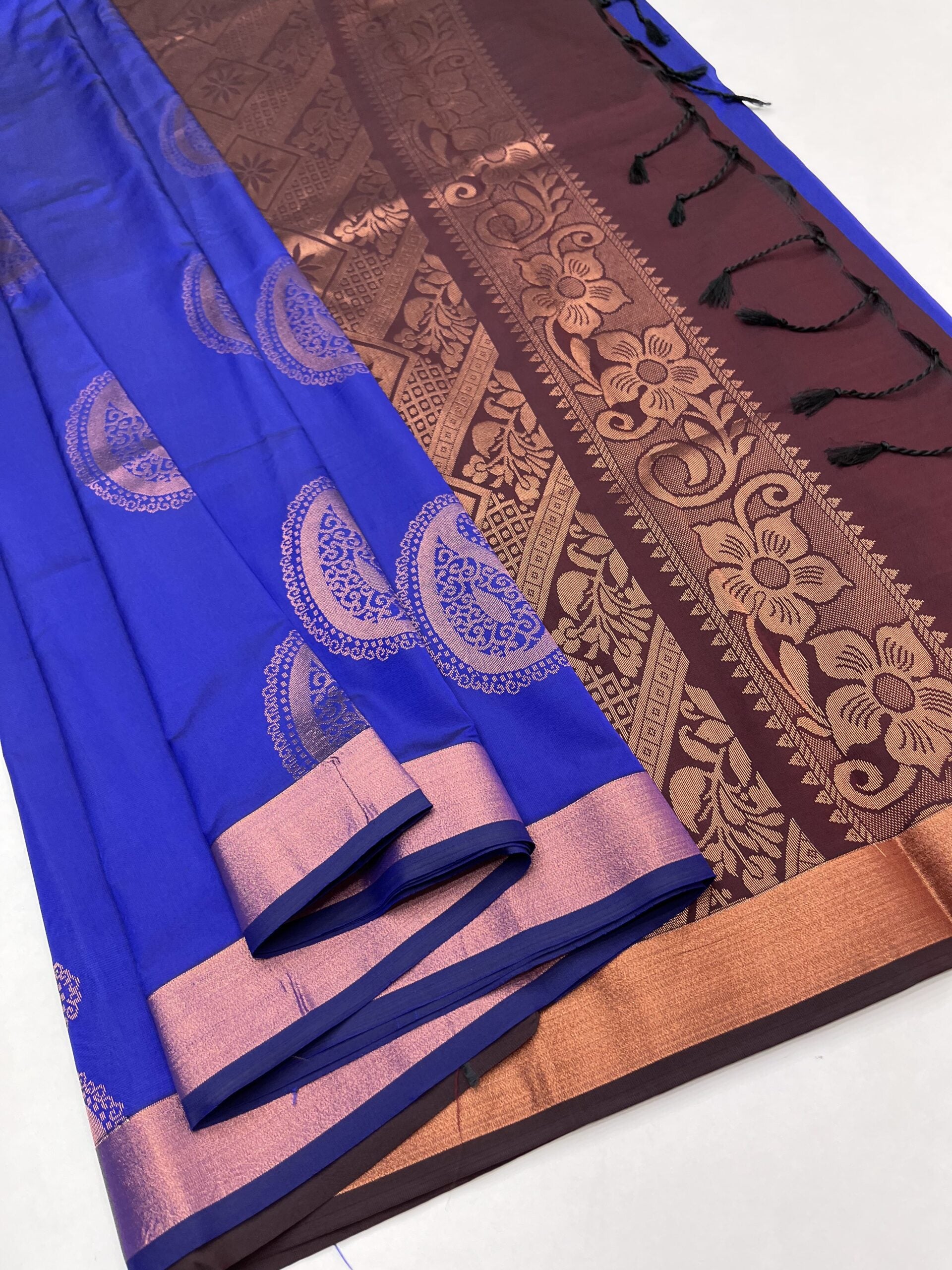 ROYAL BLUE & BROWN - SEMI SILK SAREE
